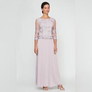 Alex Evenings Elegant Lace-Overlay Evening Dress in Soft Lilac 10P NWT